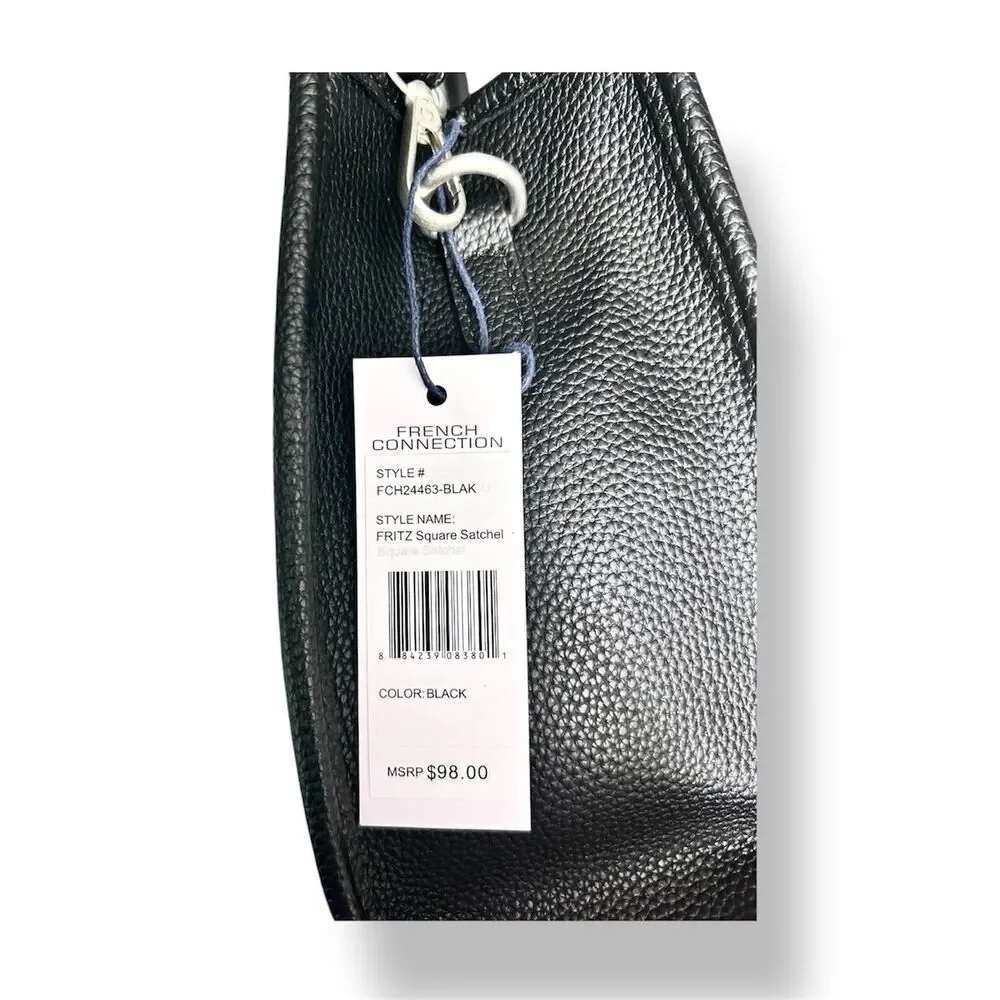 NEW‎ French Connection Black Vegan Leather Fritz Square Satchel Handbag Purse